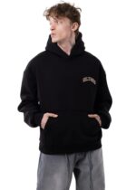 Мужское Утепленное Черное Худи Оверсайз на Флисе с Нашивками на Спине
