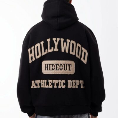 Мужское Утепленное Черное Худи Оверсайз на Флисе с Нашивками на Спине