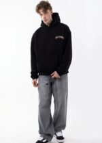 Мужское Утепленное Черное Худи Оверсайз на Флисе с Нашивками на Спине