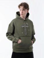 Мужское Утепленное Худи Хаки Свободного Кроя на Флисе с Нашивкой Крест