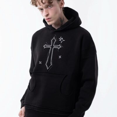 Мужское Утепленное Черное Худи Свободного Кроя на Флисе с Нашивкой Крест