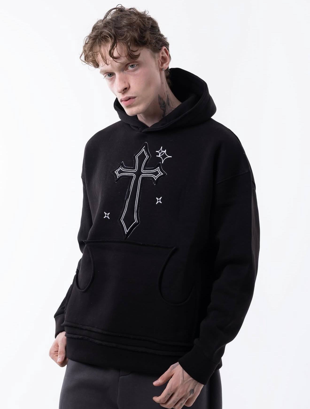 photo_2025-12-11_11-15-40 (2) Мужское Утепленное Черное Худи Свободного Кроя на Флисе с Нашивкой Крест
