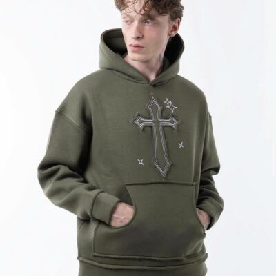 Мужское Утепленное Худи Хаки Свободного Кроя на Флисе с Нашивкой Крест