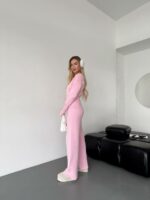 Женский Базовый Розовый Костюм Трикотажный - Кофта на Кнопках + Штаны Свободного Кроя