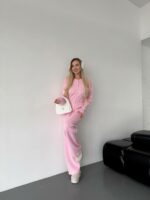 Женский Базовый Розовый Костюм Трикотажный - Кофта на Кнопках + Штаны Свободного Кроя
