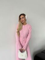 Женский Базовый Розовый Костюм Трикотажный - Кофта на Кнопках + Штаны Свободного Кроя