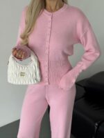 Женский Базовый Розовый Костюм Трикотажный - Кофта на Кнопках + Штаны Свободного Кроя