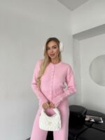 Женский Базовый Розовый Костюм Трикотажный - Кофта на Кнопках + Штаны Свободного Кроя