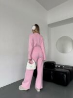 Женский Базовый Розовый Костюм Трикотажный - Кофта на Кнопках + Штаны Свободного Кроя