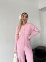 Женский Базовый Розовый Костюм Трикотажный - Кофта на Кнопках + Штаны Свободного Кроя
