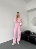 Женский Базовый Розовый Костюм Трикотажный - Кофта на Кнопках + Штаны Свободного Кроя
