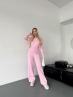 Женский Базовый Розовый Костюм Трикотажный - Кофта на Кнопках + Штаны Свободного Кроя