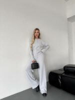 Женский Базовый Серый Костюм Трикотажный - Кофта на Кнопках + Штаны Свободного Кроя