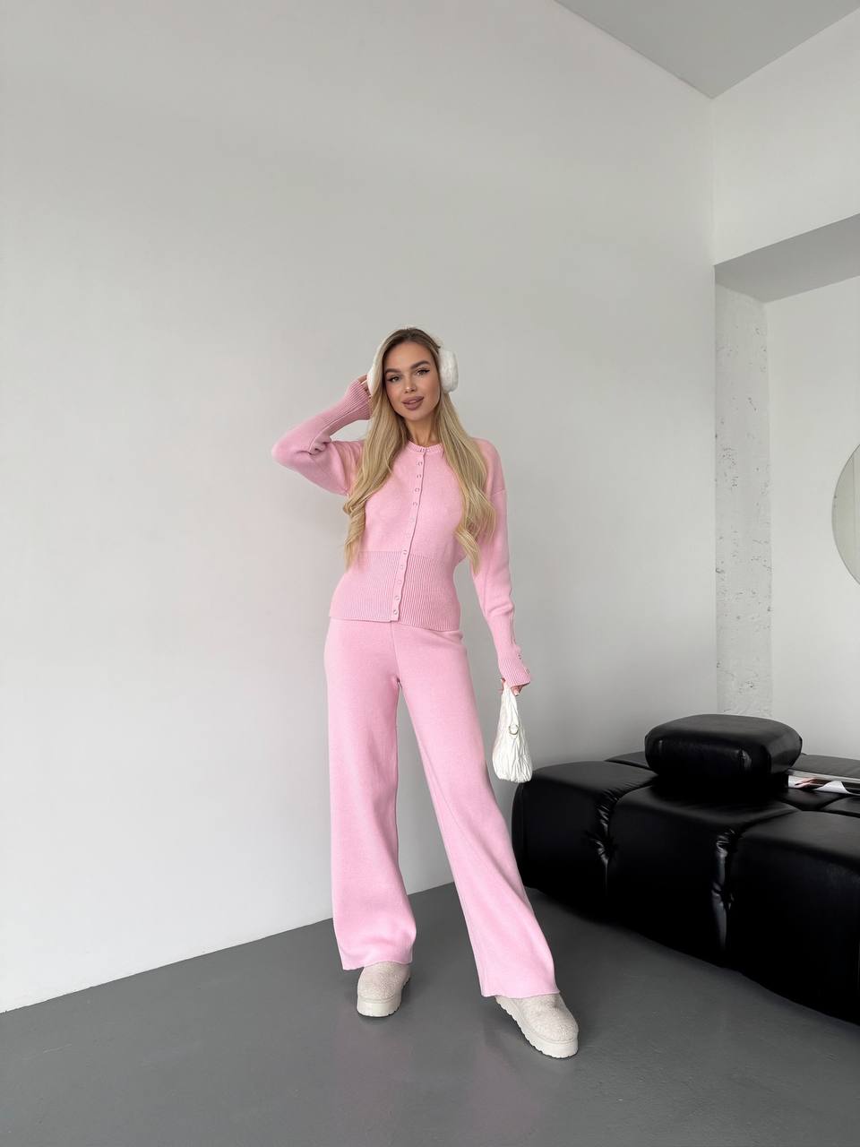 photo_2025-12-11_11-55-14 Женский Базовый Розовый Костюм Трикотажный - Кофта на Кнопках + Штаны Свободного Кроя