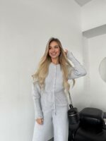 Женский Базовый Серый Костюм Трикотажный - Кофта на Кнопках + Штаны Свободного Кроя