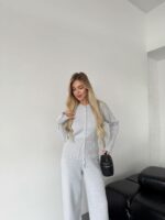 Женский Базовый Серый Костюм Трикотажный - Кофта на Кнопках + Штаны Свободного Кроя