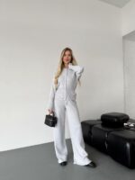 Женский Базовый Серый Костюм Трикотажный - Кофта на Кнопках + Штаны Свободного Кроя