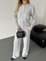 Женский Базовый Серый Костюм Трикотажный - Кофта на Кнопках + Штаны Свободного Кроя