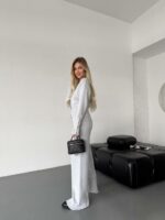 Женский Базовый Серый Костюм Трикотажный - Кофта на Кнопках + Штаны Свободного Кроя