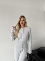 Женский Базовый Серый Костюм Трикотажный - Кофта на Кнопках + Штаны Свободного Кроя