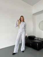 Женский Базовый Серый Костюм Трикотажный - Кофта на Кнопках + Штаны Свободного Кроя