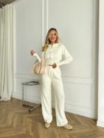 Женский Базовый Молочный Костюм на Молнии - Укороченная Кофта с Капюшоном + Штаны Свободного Кроя