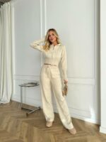 Женский Базовый Бежевый Костюм на Молнии - Укороченная Кофта с Капюшоном + Штаны Свободного Кроя