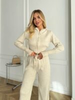 Женский Базовый Бежевый Костюм на Молнии - Укороченная Кофта с Капюшоном + Штаны Свободного Кроя