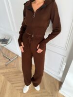 Женский Базовый Коричневый Костюм на Молнии - Укороченная Кофта с Капюшоном + Штаны Свободного Кроя
