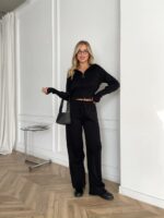 Женский Базовый Черный Костюм на Молнии - Укороченная Кофта с Капюшоном + Штаны Свободного Кроя