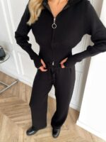 Женский Базовый Черный Костюм на Молнии - Укороченная Кофта с Капюшоном + Штаны Свободного Кроя