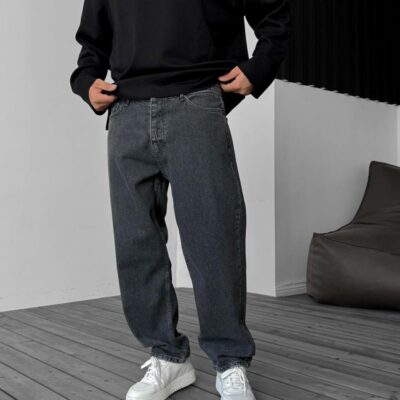 Мужские Графитовые Джинсы Багги - Широкие Джинсовые Штаны Прямого Кроя