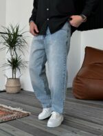 Мужские Голубые Джинсы Багги - Широкие Джинсовые Штаны Прямого Кроя