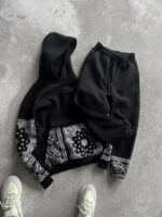 Мужской Черный Спортивный Костюм Худи Джоггеры с Принтами - Утепленный на Флисе