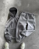 Мужской Серый Спортивный Костюм Худи Джоггеры с Принтами - Утепленный на Флисе