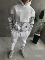 Мужской Белый Спортивный Костюм Худи Джоггеры с Принтами - Утепленный на Флисе