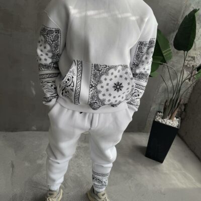 Мужской Белый Спортивный Костюм Худи Джоггеры с Принтами - Утепленный на Флисе