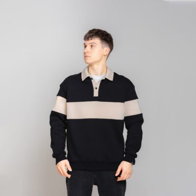 Мужской Утепленный Черный Свитшот Джемпер с Бежевыми Вставками и Воротником Поло