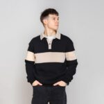 Мужской Утепленный Черный Свитшот Джемпер с Бежевыми Вставками и Воротником Поло