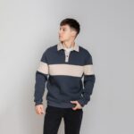 Мужской Утепленный Графитовый Свитшот Джемпер с Бежевыми Вставками и Воротником Поло