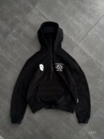 Мужское Теплое Черное Худи Оверсайз - Флисовое с Балаклавой и Вышивками