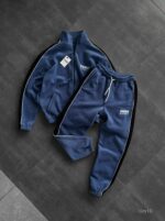 Мужской Теплый Флисовый Синий Костюм с Лампасами - Кофта под Горло на Молнии + Штаны Джоггеры