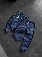 Мужской Теплый Флисовый Синий Костюм с Лампасами - Кофта под Горло на Молнии + Штаны Джоггеры