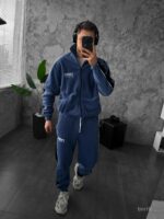 Мужской Теплый Флисовый Синий Костюм с Лампасами - Кофта под Горло на Молнии + Штаны Джоггеры