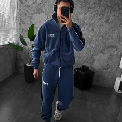 Мужской Теплый Флисовый Синий Костюм с Лампасами - Кофта под Горло на Молнии + Штаны Джоггеры