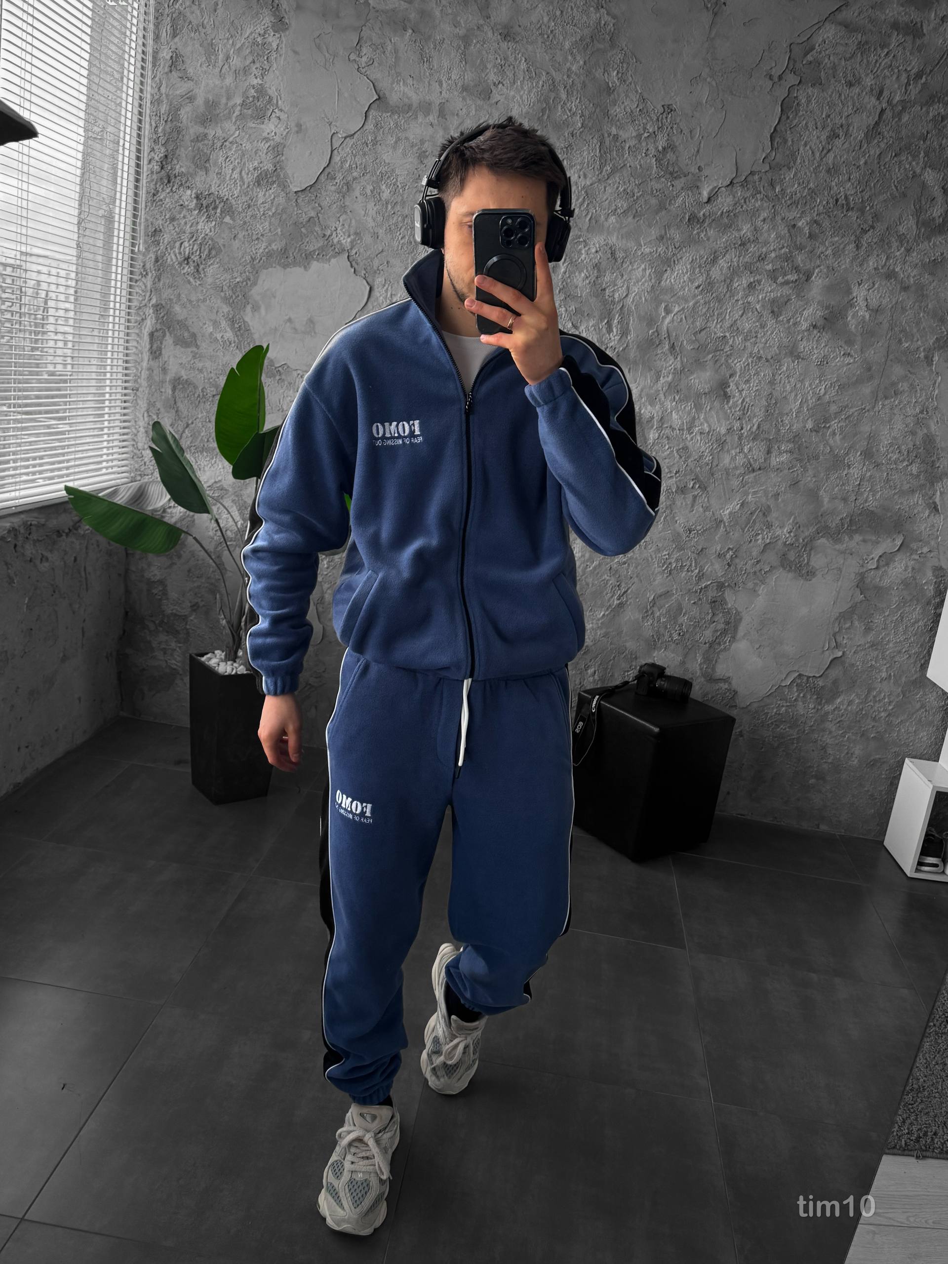 photo_2025-12-13_10-38-09 Мужской Теплый Флисовый Синий Костюм с Лампасами - Кофта под Горло на Молнии + Штаны Джоггеры