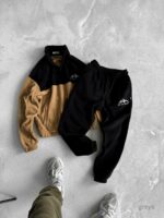 Мужской Теплый Флисовый Черно-Бежевый Костюм - Свитшот с Высоким Воротником + Штаны Джоггеры