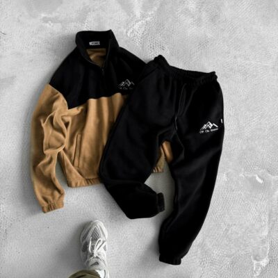 Мужской Теплый Флисовый Черно-Бежевый Костюм - Свитшот с Высоким Воротником + Штаны Джоггеры