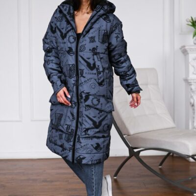 Женская Зимняя Длинная Графитовая Куртка в Принт с Капюшоном