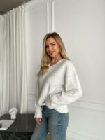 Женский Свободный Блестящий Белый Свитер с V-вырезом